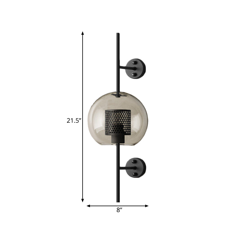 Colonial Sphere Wall Sconce 1 Head Smoke Gray Glass Wall Lighting in Black with Cylinder Wire Mesh Inside, 8"/10" Wide