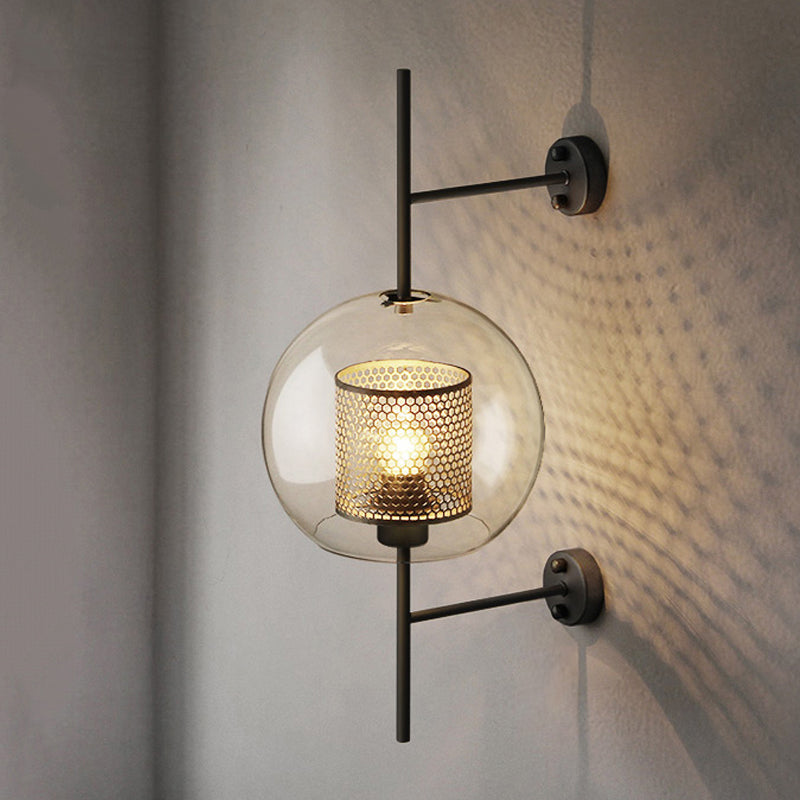 Colonial Sphere Wall Sconce 1 Head Smoke Gray Glass Wall Lighting in Black with Cylinder Wire Mesh Inside, 8"/10" Wide