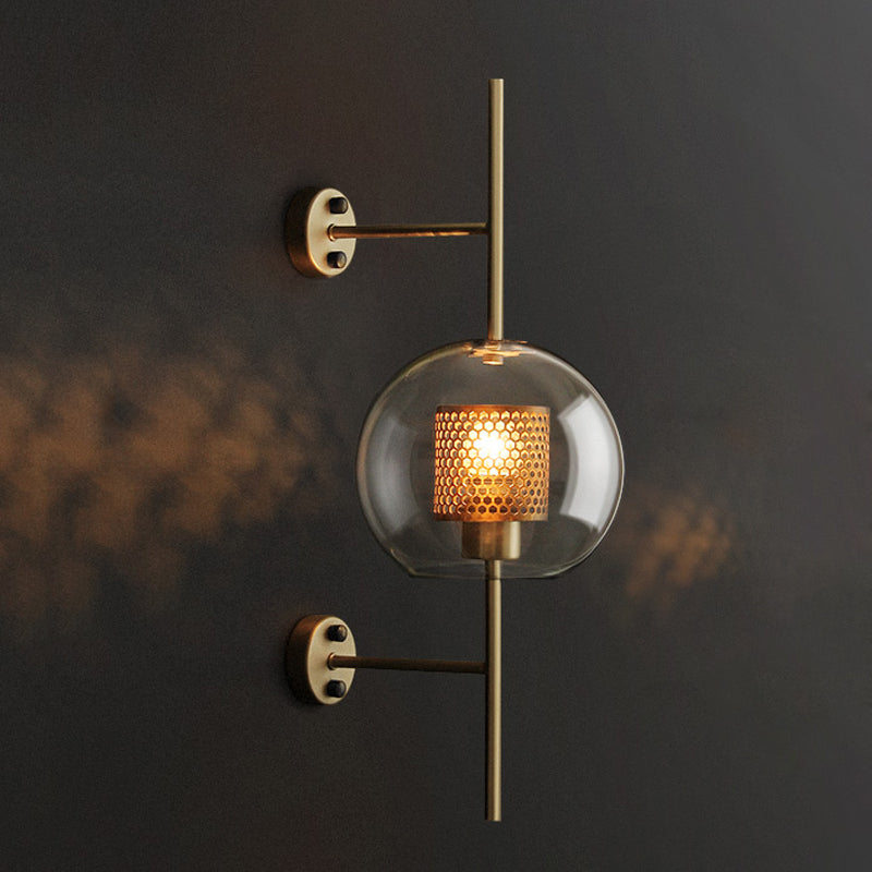 8"/9.5" W Global Bedroom Sconce Light Colonial Clear Glass 1 Light Bronze/Silver Gray Wall Lamp with Inner Cylinder Wire Mesh