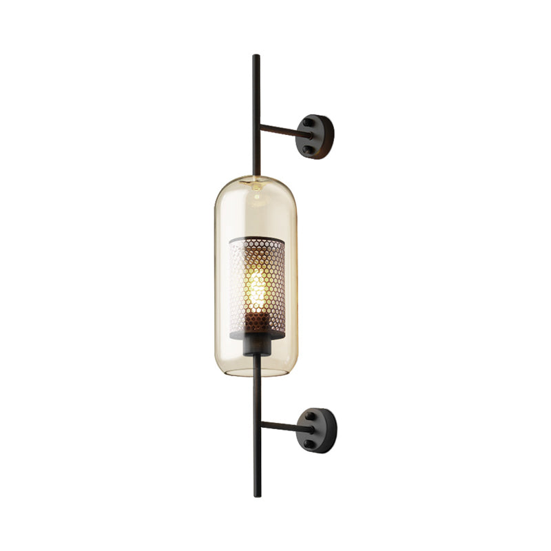 Cognac Glass Black Wall Lamp Oblong 1 Bulb Colonial Wall Mounted Light with Inner Column Mesh Screen, 5"/6" W