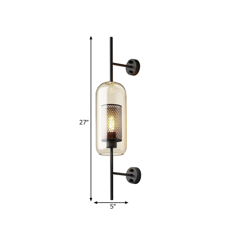 Cognac Glass Black Wall Lampe länglich 1 Glühbirnen -Kolonialwand mit innerem Säulennetzbildschirm, 5 "/6" W.