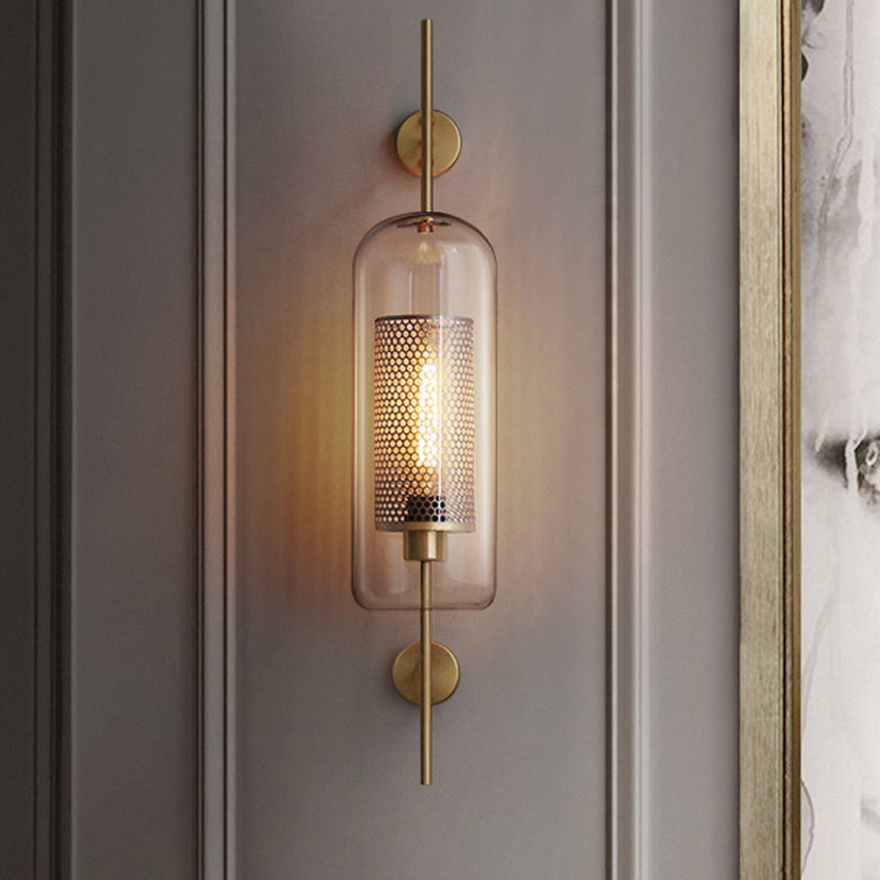 5"/6" W Clear Glass Oval Wall Sconce Colonialism 1 Bulb Bedroom Wall Lighting Fixture with Mesh Screen in Bronze/Silver Gray