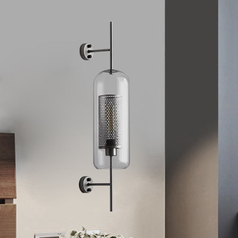 5"/6" W Clear Glass Oval Wall Sconce Colonialism 1 Bulb Bedroom Wall Lighting Fixture with Mesh Screen in Bronze/Silver Gray