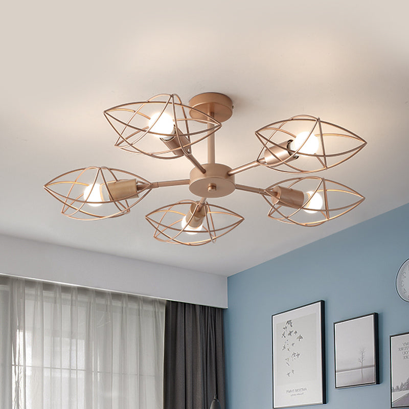 Gold 5-Light Semi Flush Mount Colonial Iron Star Cage Close to Ceiling Lighting Fixture for Bedroom