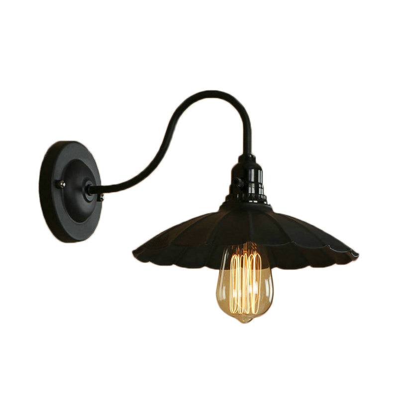 Gooseneck Living Room Wall Mount Light with Scalloped Shade Industrial Metal 1 Bulb Black Wall Sconce, 10"/13" Dia