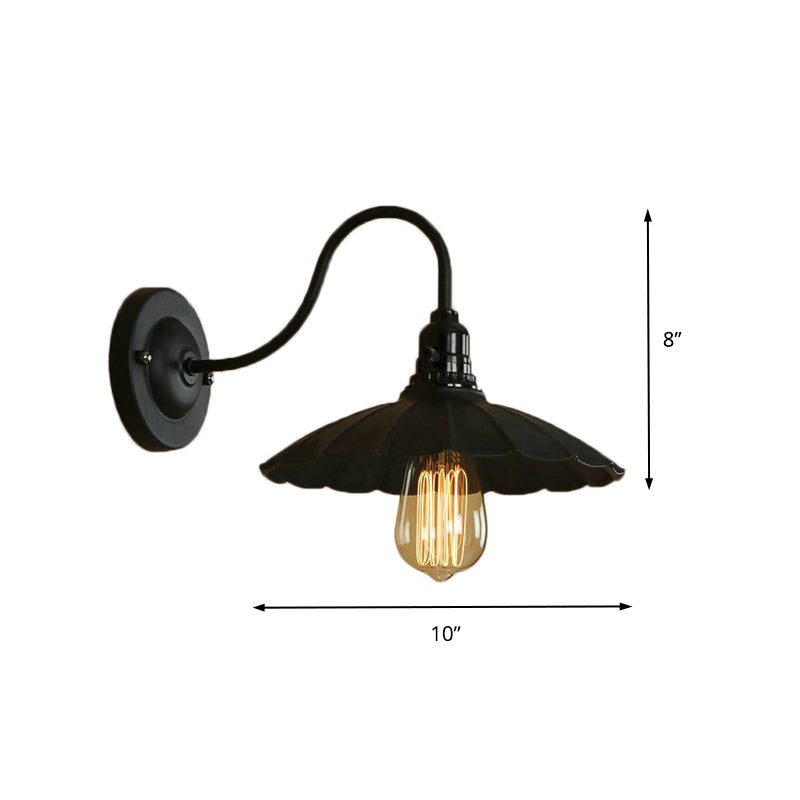 Gooseneck Living Room Wall Mount Light with Scalloped Shade Industrial Metal 1 Bulb Black Wall Sconce, 10"/13" Dia