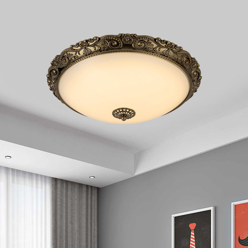 Brass Domed Ceiling Lamp Traditional White Glass 12"/16"/19.5" W LED Bedroom Flush Mount Lighting Fixture