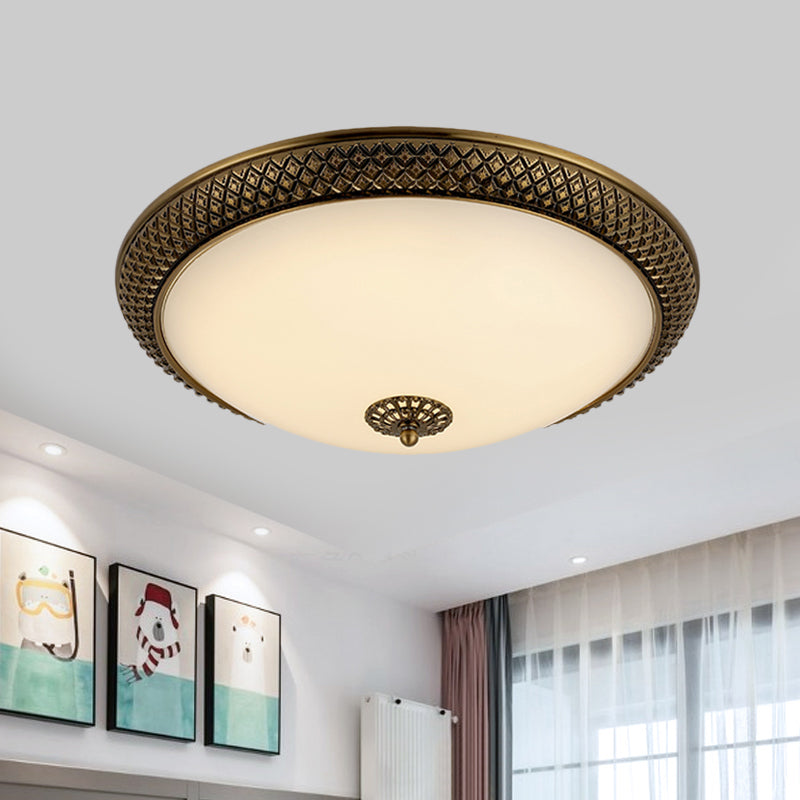 Brass Domed Ceiling Lamp Traditional White Glass 12"/16"/19.5" W LED Bedroom Flush Mount Lighting Fixture