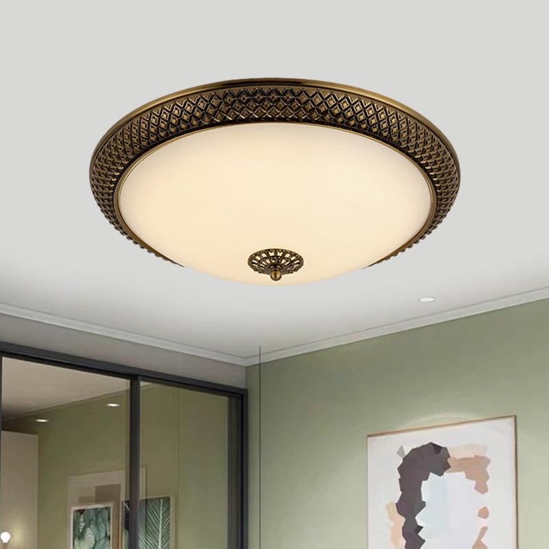 Brass Domed Ceiling Lamp Traditional White Glass 12"/16"/19.5" W LED Bedroom Flush Mount Lighting Fixture
