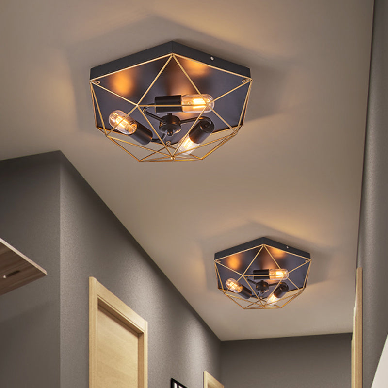 Prisma Cage Foyer Ceiling Light Traditionelle Stil Metall 3 Köpfe Schwarz Bündig Montierte Beleuchtung Halterung