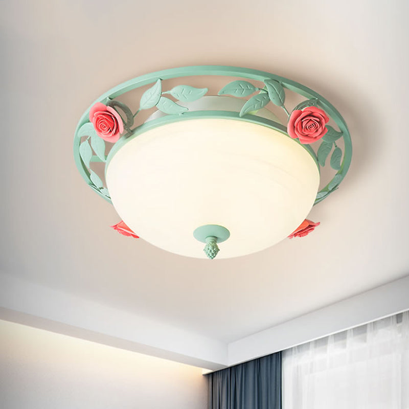 Frosted Glass Dome Flush Light Romantic Pastoral LED Bedroom Flush Mount in Light Green with Rose Decor