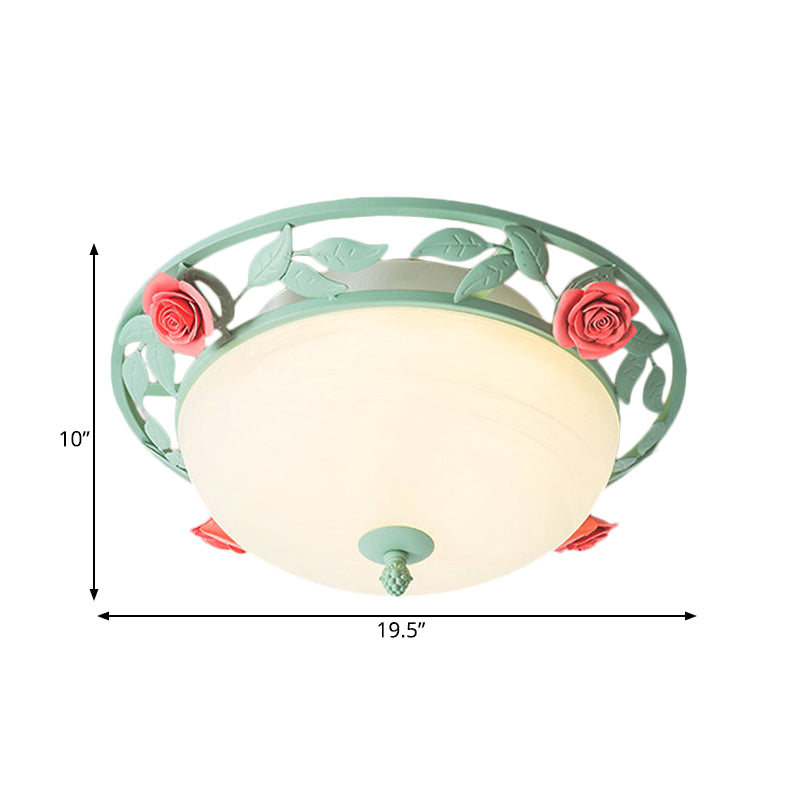 Frosted Glass Dome Flush Light Romantic Pastoral LED Bedroom Flush Mount in Light Green with Rose Decor