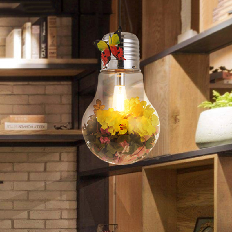 Bulb Shape Restaurant Suspension Light Art Deco Clear Glass 1-Head Silver Flower Down Lighting Pendant, 6"/8.5"/12" W