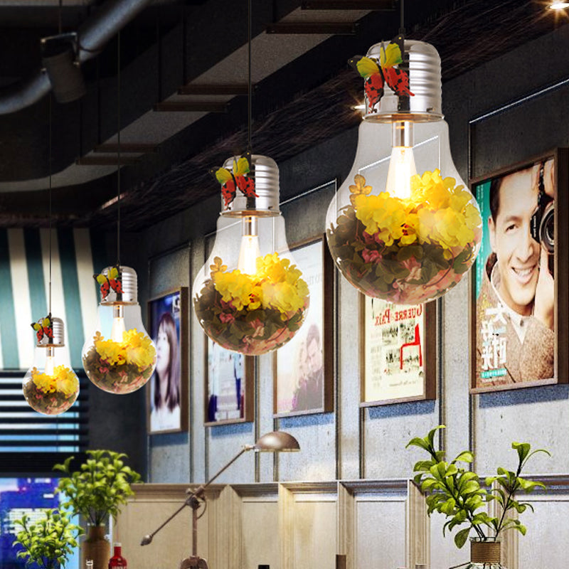 Bulb Shape Restaurant Suspension Light Art Deco Clear Glass 1-Head Silver Flower Down Lighting Pendant, 6"/8.5"/12" W