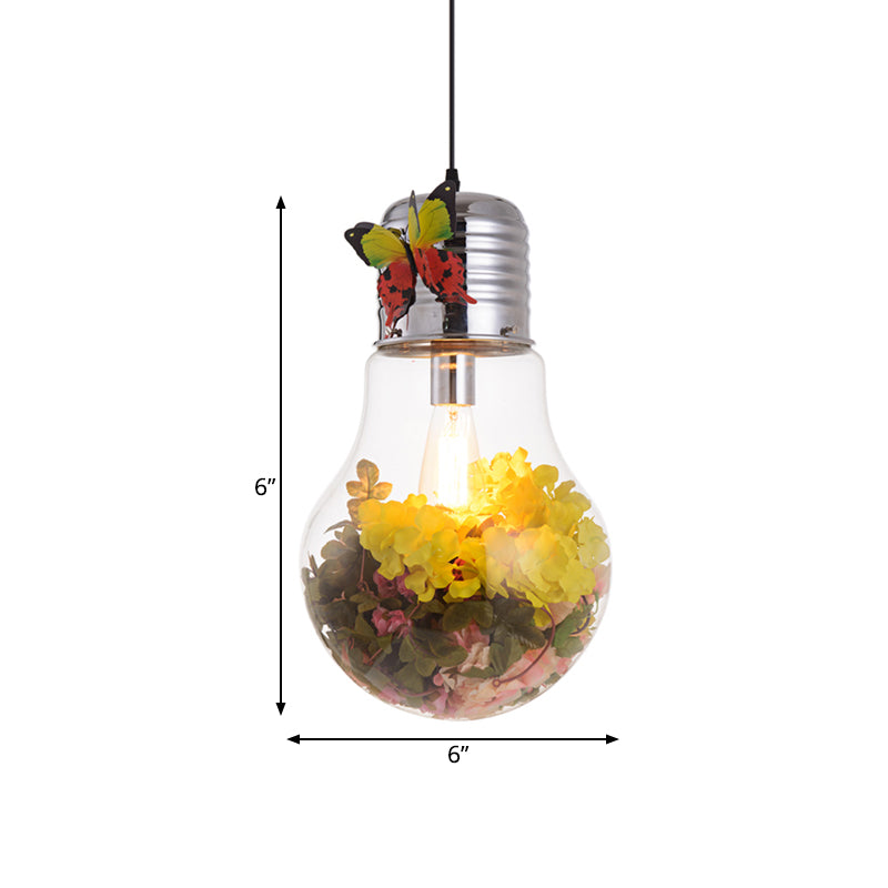 Bulb Shape Restaurant Suspension Light Art Deco Clear Glass 1-Head Silver Flower Down Lighting Pendant, 6"/8.5"/12" W