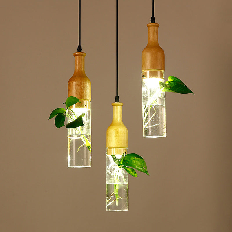 Bottle Restaurant Multi Light Pendant Art Deco Clear Glass 3 Heads Wood Hanging Lamp with Round/Linear Canopy
