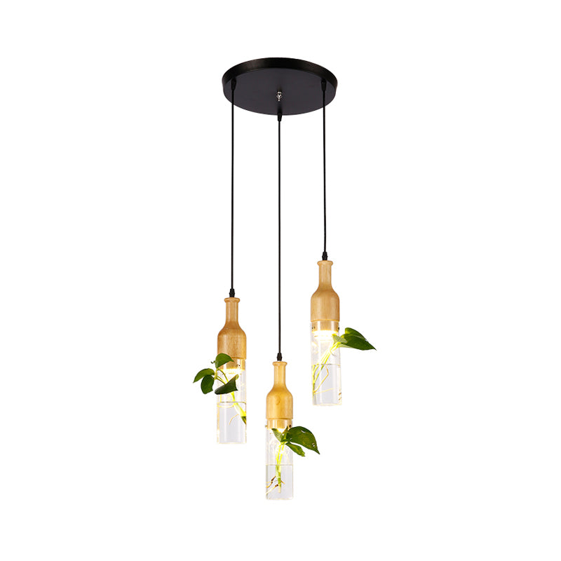 Bottle Restaurant Multi Light Pendant Art Deco Clear Glass 3 Heads Wood Hanging Lamp with Round/Linear Canopy