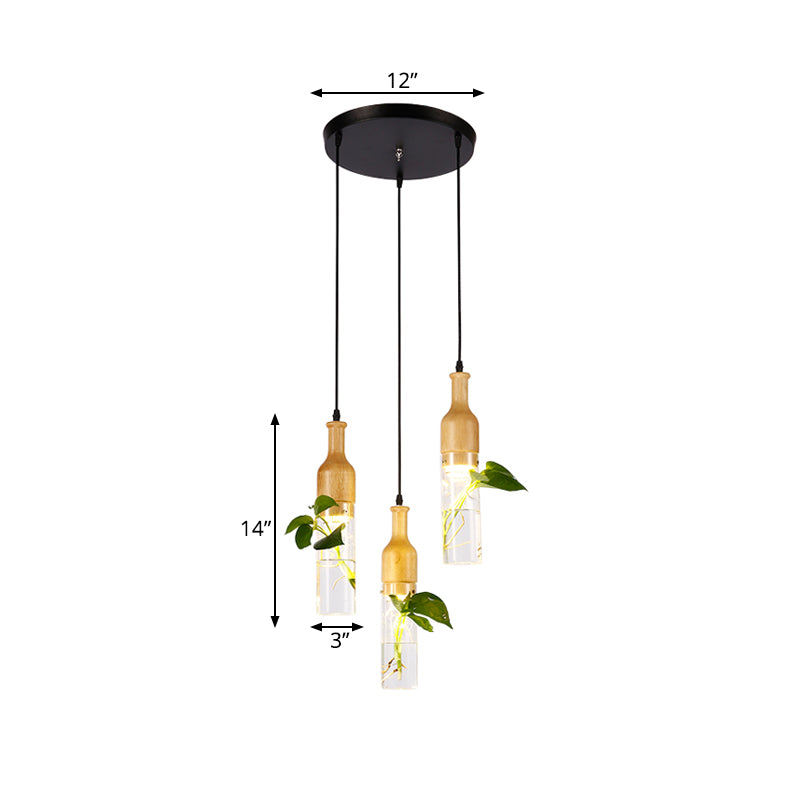 Bottle Restaurant Multi Light Pendant Art Deco Clear Glass 3 Heads Wood Hanging Lamp with Round/Linear Canopy
