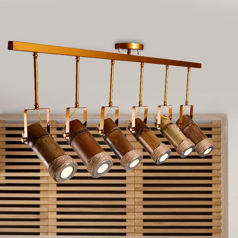 3/6 Bulbs Bamboo Tube Island Pendant Factory Brown Iron Suspension Lighting with Natural Hemp Rope