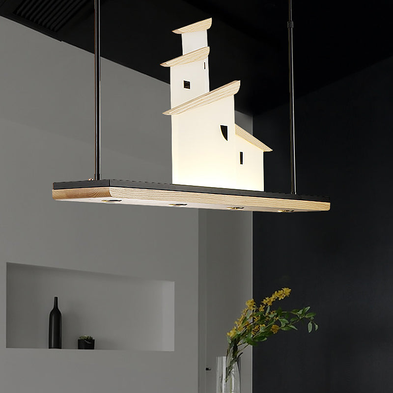 Art Deco House Island Pendant LED Metal Ceiling Light in White with Wood Bracket, Warm/White Light