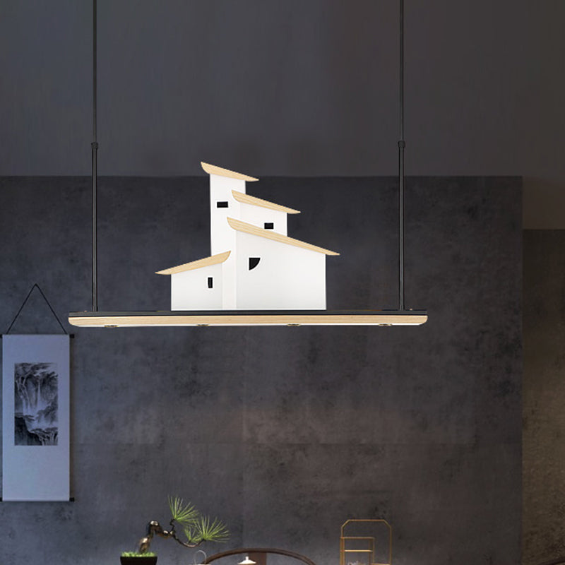 Art Deco House Island Pendant LED Metal Ceiling Light in White with Wood Bracket, Warm/White Light