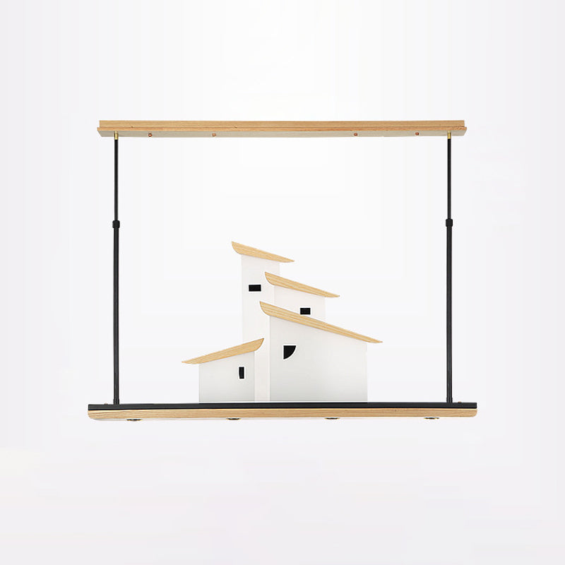 Art Deco House Island Pendant LED Metal Ceiling Light in White with Wood Bracket, Warm/White Light