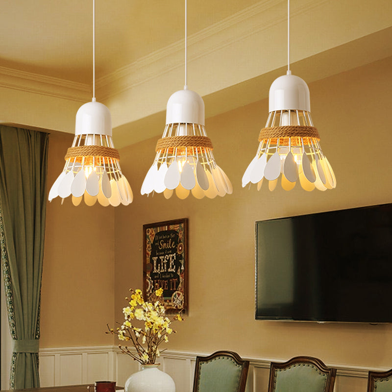 Badminton Dining Room Cluster Pendant Art Deco Iron 3 Heads Black/White Drop Lamp with Rope and Round/Linear Canopy