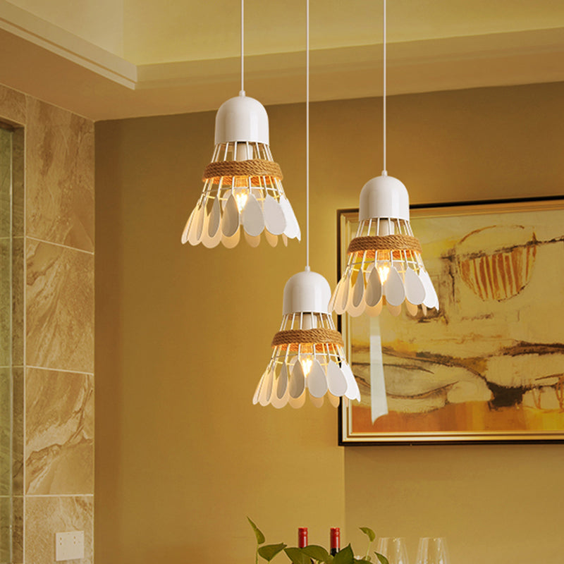 Badminton Dining Room Cluster Pendant Art Deco Iron 3 Heads Black/White Drop Lamp with Rope and Round/Linear Canopy