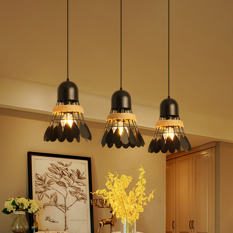 Badminton Dining Room Cluster Pendant Art Deco Iron 3 Heads Black/White Drop Lamp with Rope and Round/Linear Canopy