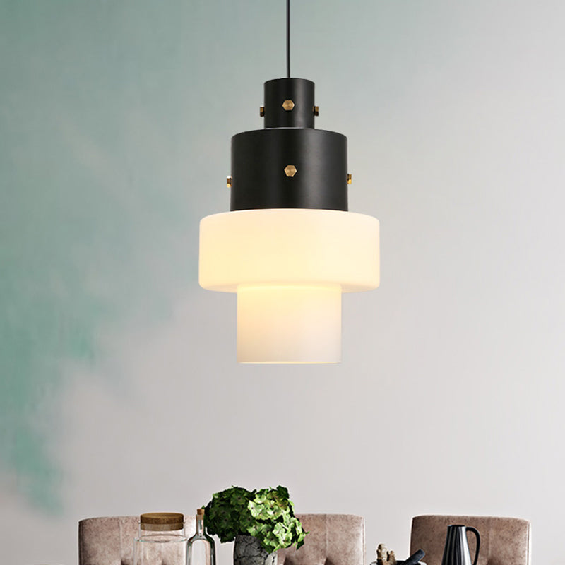 Column Bedroom Ceiling Pendant Light Industrial Style White Glass 1 Head Black Down Lighting