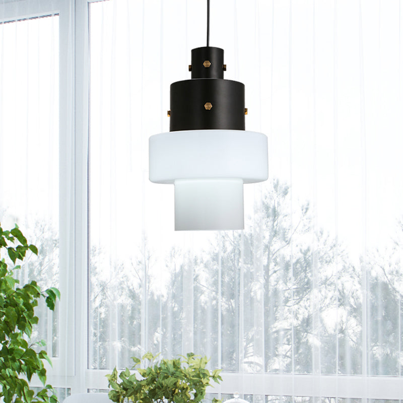Column Bedroom Ceiling Pendant Light Industrial Style White Glass 1 Head Black Down Lighting