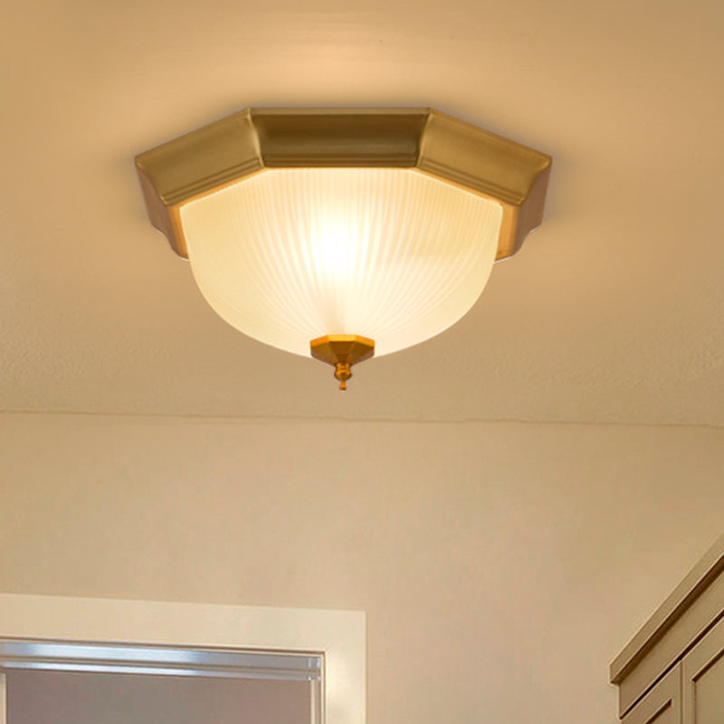 Gold Domed Flushmount Light Colonial Ribbed Glass 2 Lights Corridor Close to Ceiling Lamp