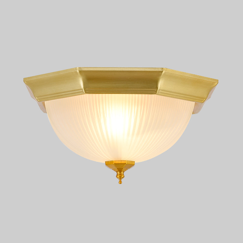 Gold Domed Flushmount Light Colonial Ribbed Glass 2 Lights Corridor Close to Ceiling Lamp