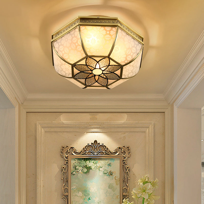 Frosted Glass Gold Flush Mount Bowl Shade 4-Light Colonialism Metal Ceiling Mounted Fixture with Flower Pattern