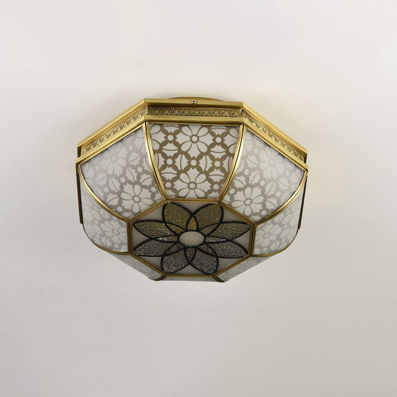 Frosted Glass Gold Flush Mount Bowl Shade 4-Light Colonialism Metal Ceiling Mounted Fixture with Flower Pattern