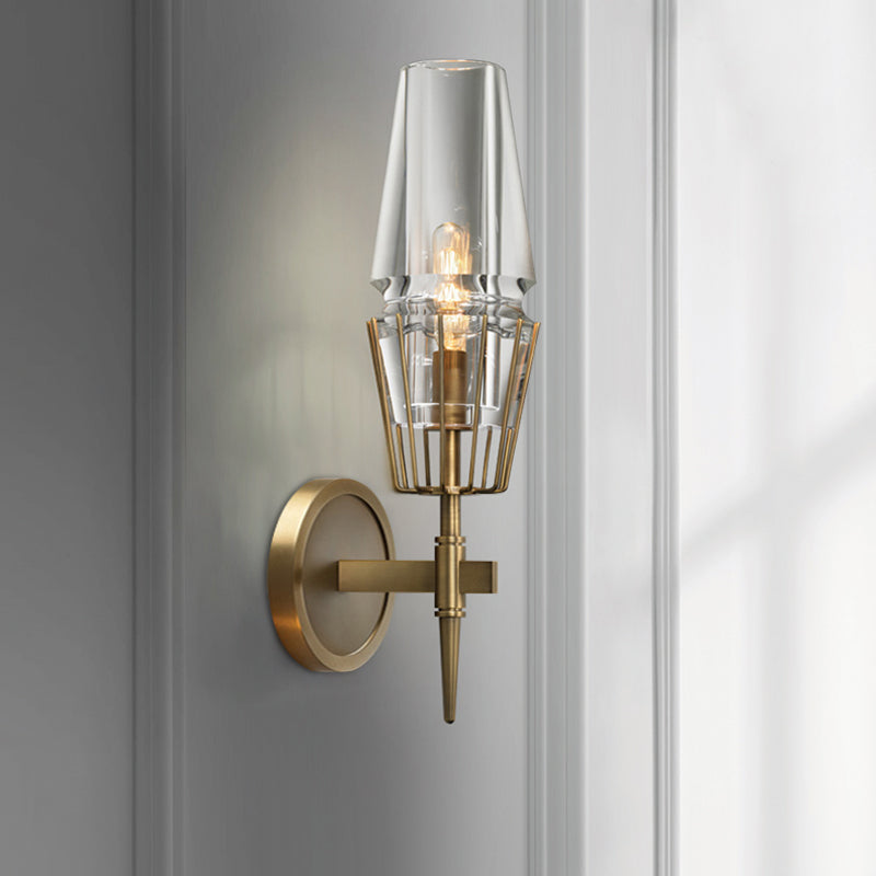 Clear Glass Tapered Sconce Lighting Colonial 1/2-Light Porch Wall Light in Gold with Metal Frame
