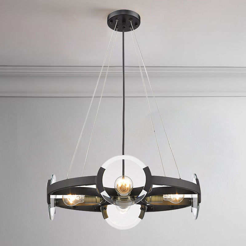 4/6 lumières Circular Pendant Chandelier Farmhouse Black Black Metallic Plafond Light avec une teinte en verre transparent