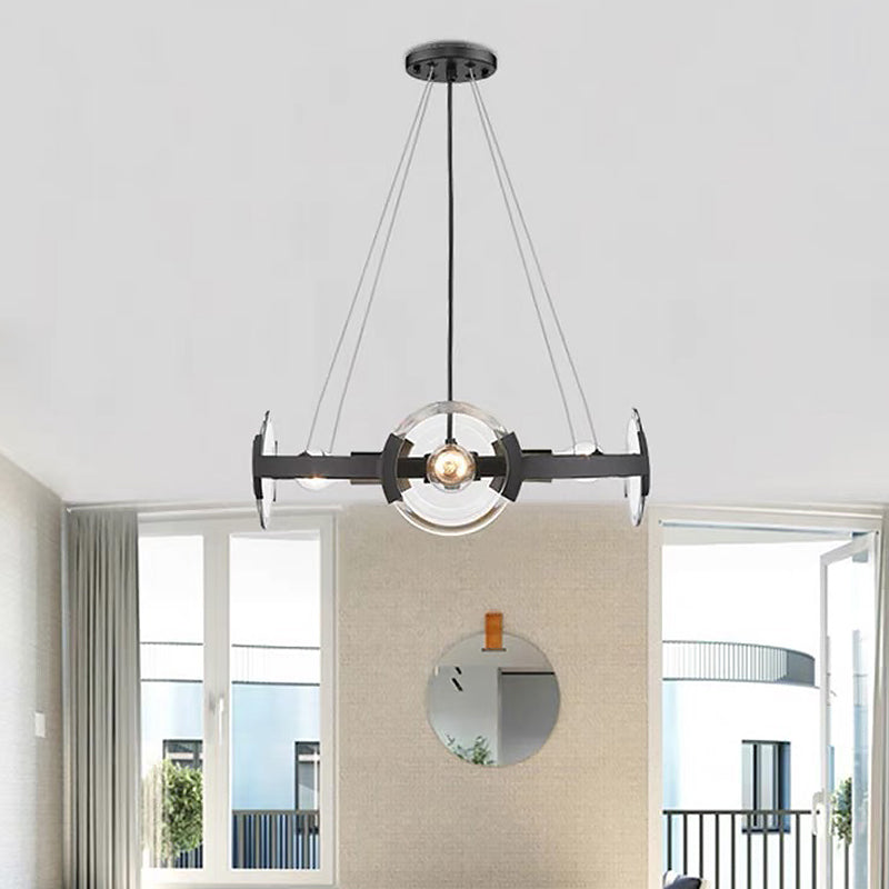 4/6 lumières Circular Pendant Chandelier Farmhouse Black Black Metallic Plafond Light avec une teinte en verre transparent