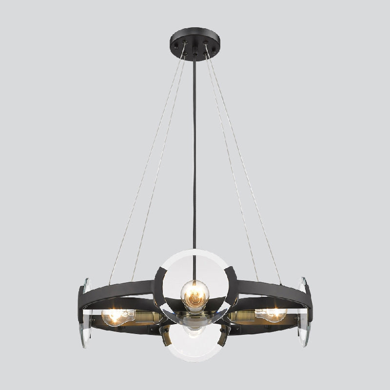 4/6 lumières Circular Pendant Chandelier Farmhouse Black Black Metallic Plafond Light avec une teinte en verre transparent