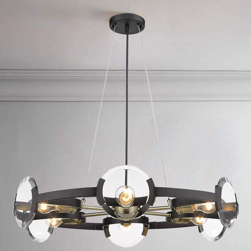 4/6 lumières Circular Pendant Chandelier Farmhouse Black Black Metallic Plafond Light avec une teinte en verre transparent