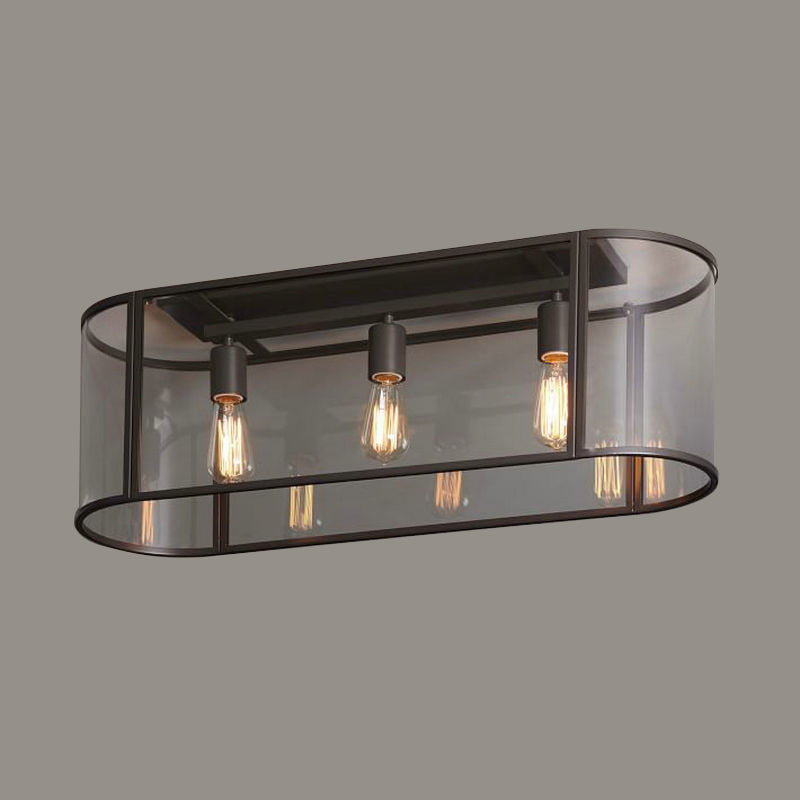 3 Heads Flush Light Warehouse Corridor Metal Flush Mount Lighting with Oval Clear Glass Shade in Black/Gold