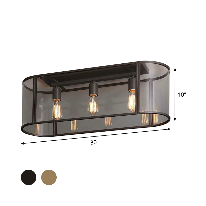 3 Heads Flush Light Warehouse Corridor Metal Flush Mount Lighting with Oval Clear Glass Shade in Black/Gold