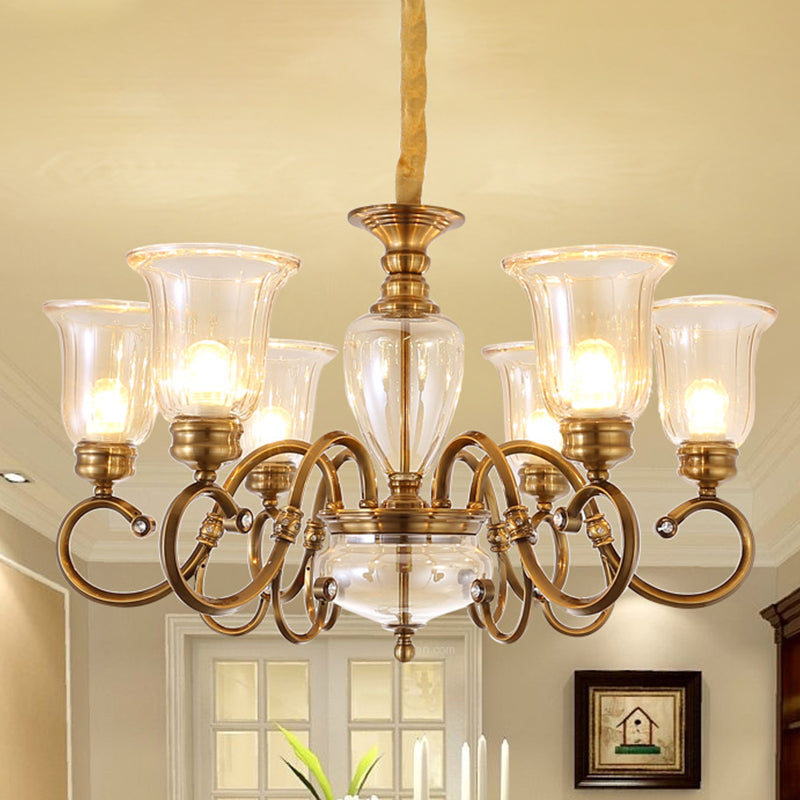 Bell Living Room Chandelier Lamp Farmhouse Verre transparent 3/6/8 LUMIÈRES ÉCLAIRES SUSPENSION DE LASS AVEC METAL BRAU