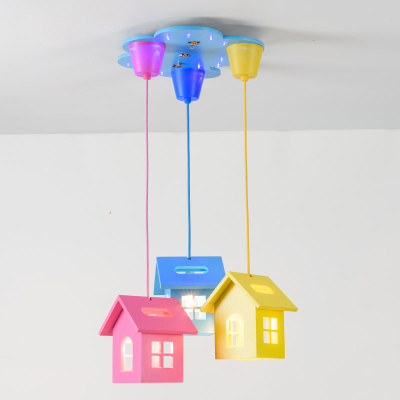 3-Head Bedroom Cluster Pendant Lighting Kids Blue-Pink-Yellow Hanging Light with House Wooden Shade