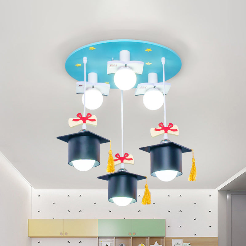 Bachelor Cap Metal Cluster Pendant Kids 6 Heads Blue Down Lighting for Children Bedroom