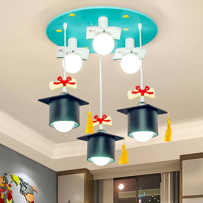Bachelor Cap Metal Cluster Pendant Kids 6 Heads Blue Down Lighting for Children Bedroom
