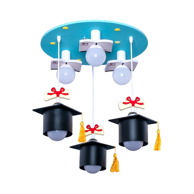 Bachelor Cap Metal Cluster Pendant Kids 6 Heads Blue Down Lighting for Children Bedroom