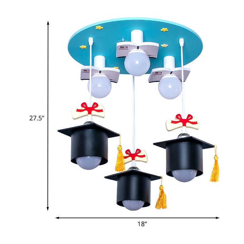 Bachelor Cap Metal Cluster Pendant Kids 6 Heads Blue Down Lighting for Children Bedroom