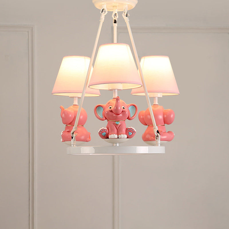 Resin Elephant Chandelier Light Fixture Kids 3 Heads Pink Pendant Lamp with Conical Fabric Shade