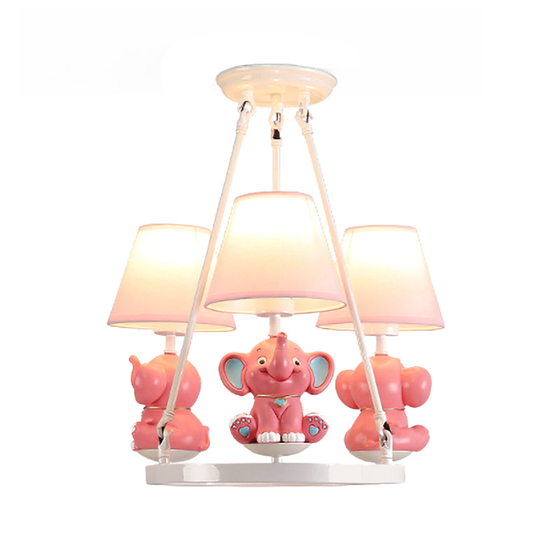 Resin Elephant Chandelier Light Fixture Kids 3 Heads Pink Pendant Lamp with Conical Fabric Shade